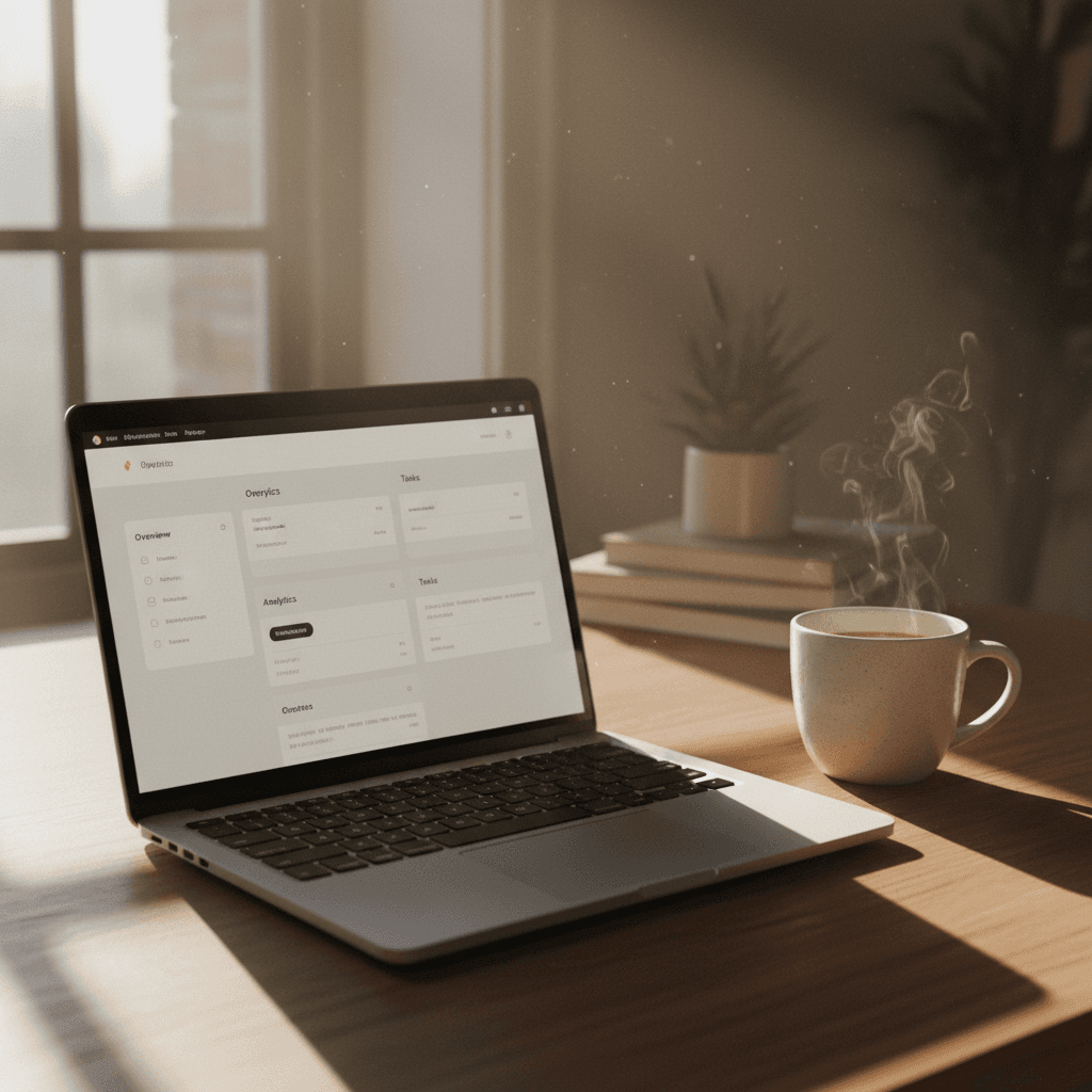 Open laptop on a desk with coffee cup