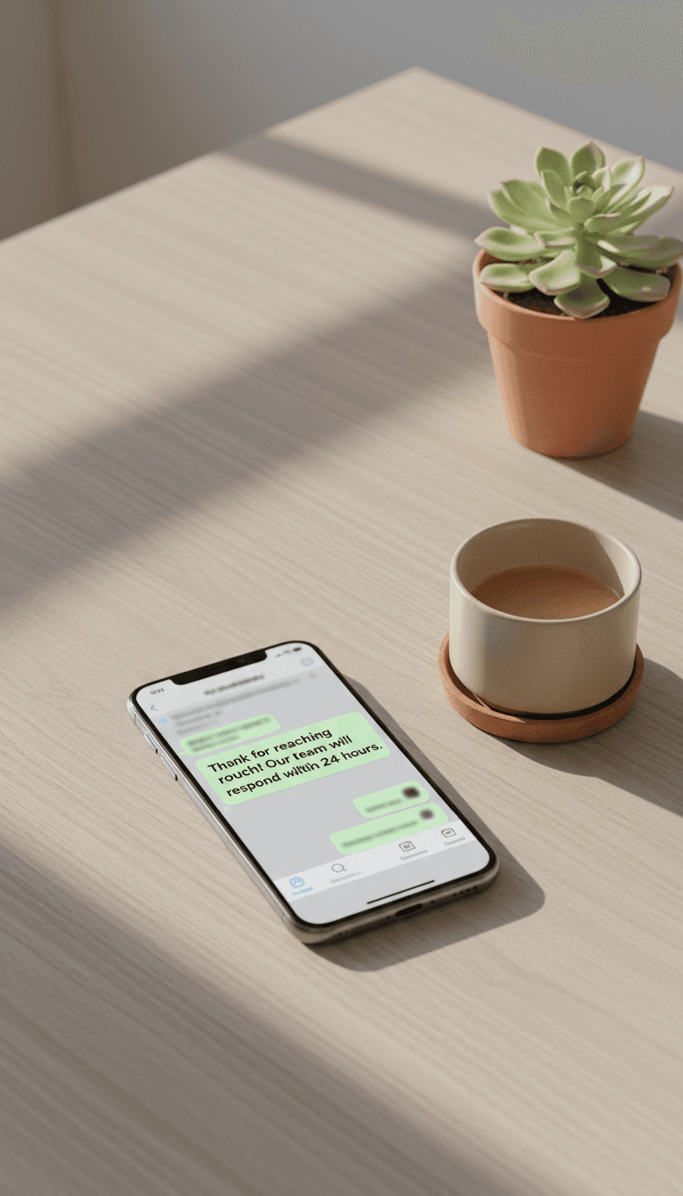 Smartphone on desk showing WhatsApp chat with automated replies, coffee cup and plant nearby