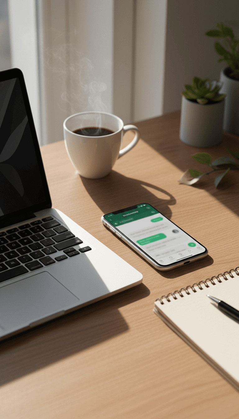 Smartphone with WhatsApp automation interface on a desk